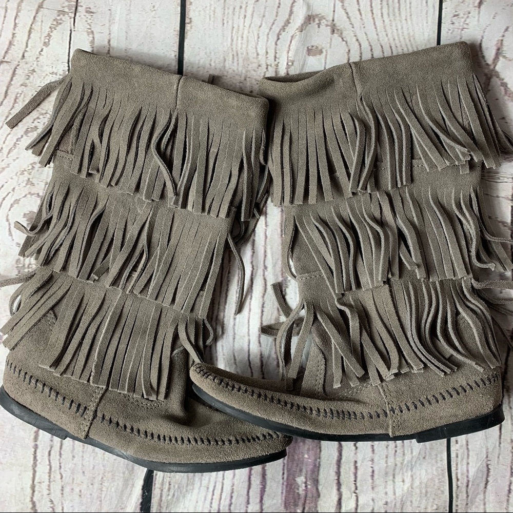 Minnetonka 3 Layer Fringe Calf High Boot - Grey S… - image 2